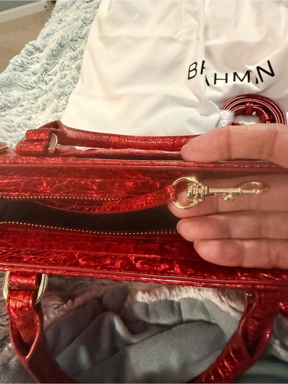 Glossy Red Croc-Embossed Satchel with Gold Accents teal leather - Picture 12 of 14